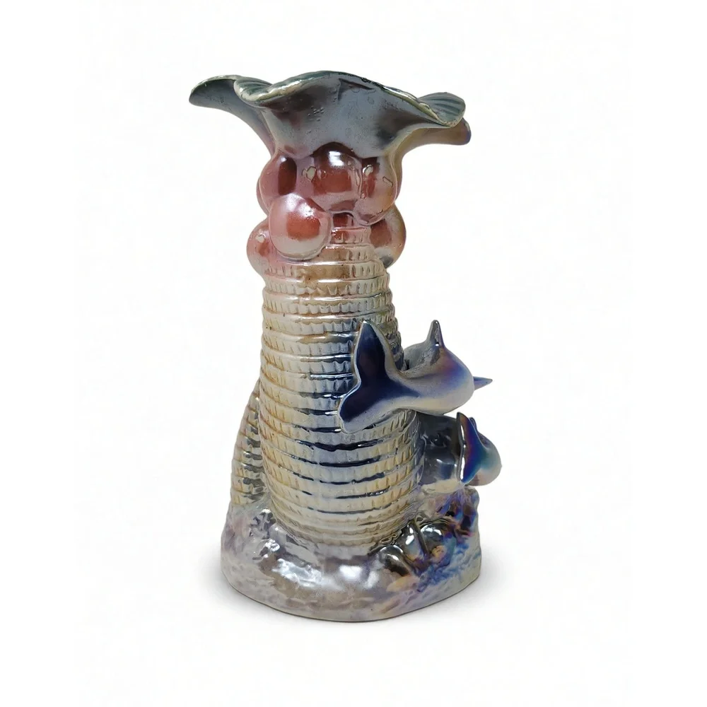 JSL Ceramic Vase Iridescent Dolphin Palm Tree Sculpted Coastal Beach Decor 7.5